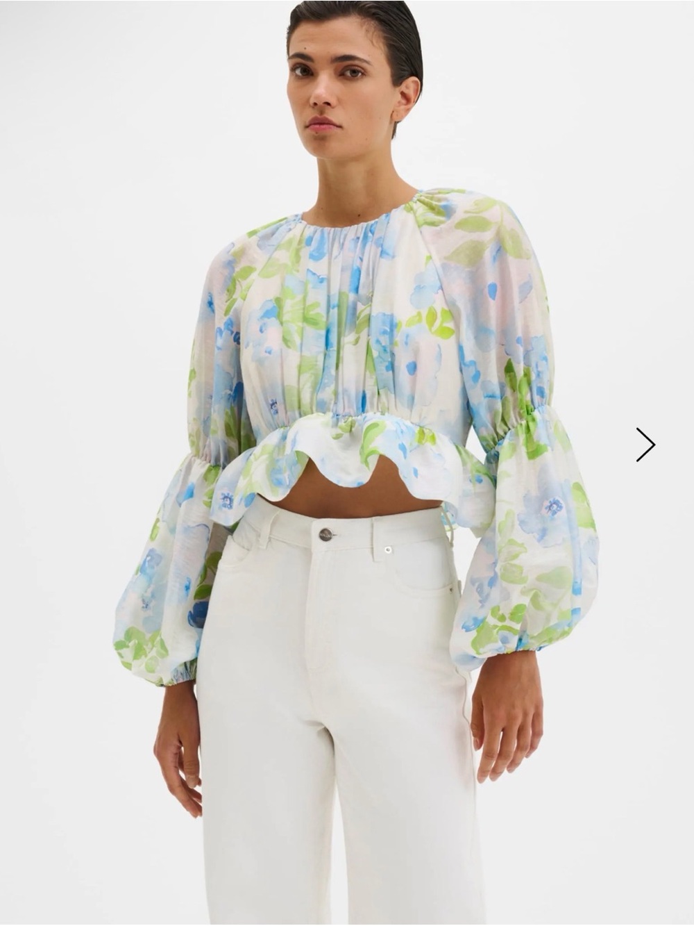 By Malina Floral Puff-Sleeve Peplum Crop Top in Light Blue and Green NWT